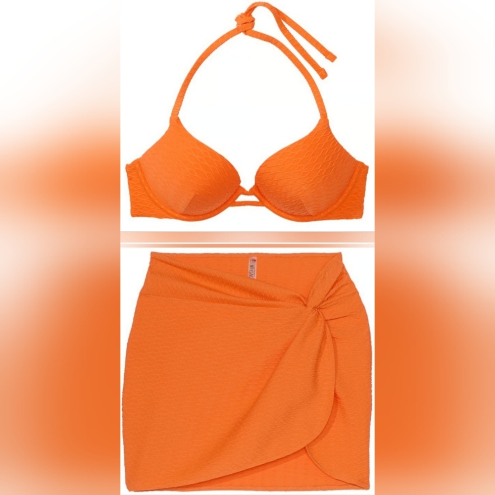 34D/M/L VS Swim Bombshell Bikini Top Sarong CoverUp Bikini Set Sunny  Orange